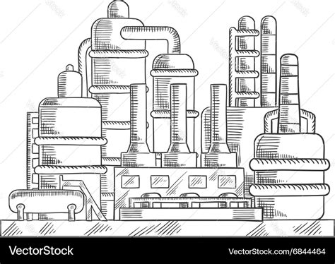 Oil refinery factory in sketch style Royalty Free Vector