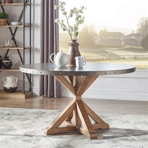 Albee Round Stainless Steel Top Dining Table with Poplar X-base by ...