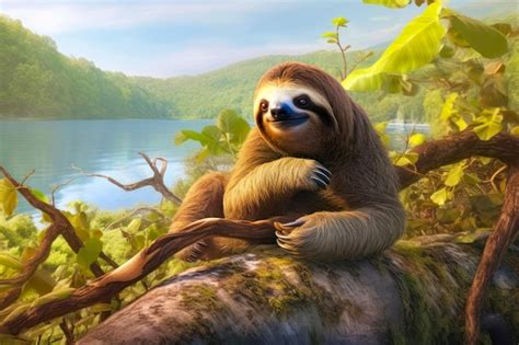 Premium Photo | Baby sloth on a tree in the jungle 3d illustration