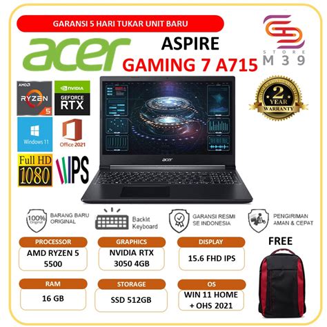 Jual LAPTOP ACER ASPIRE GAMING 7 A715 RTX3050 4GB RYZEN 5 5500 16GB ...