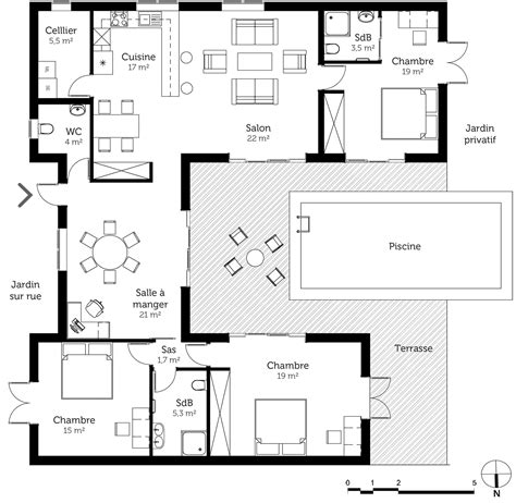 Résultat de recherche d'images pour "plan maison plain pied" | Plan maison en u, Plan maison ...