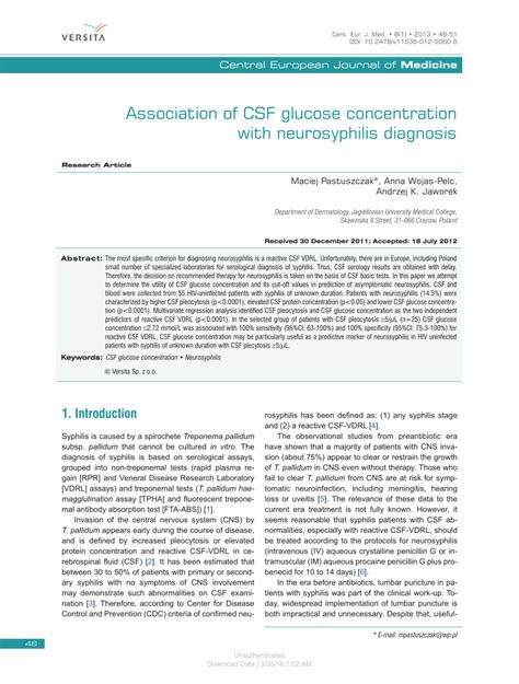 (PDF) Association of CSF glucose concentration with neurosyphilis diagnosis