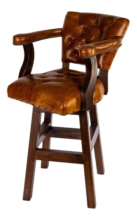 Ranch Swivel Bar Stool With Tufted Caramel Light Brown Leather | Chairish