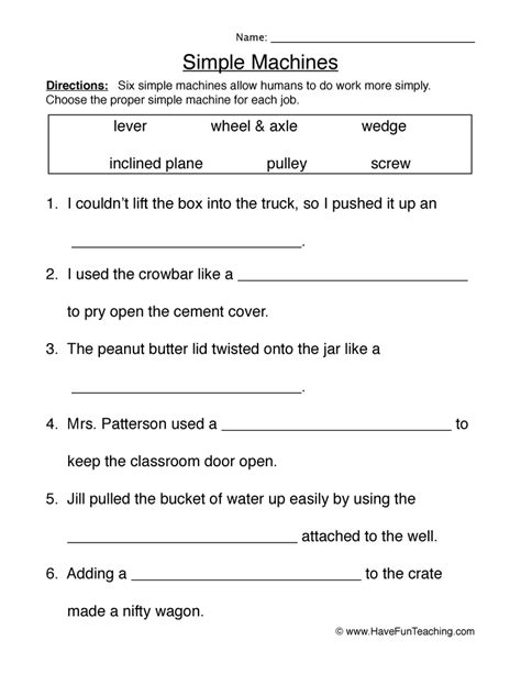 Simple Machines Fill in the Blanks Worksheet by Teach Simple