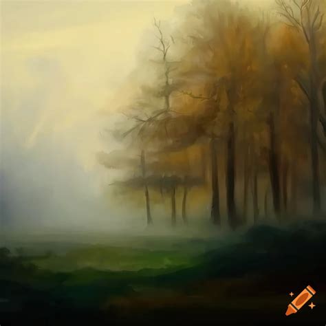 Bare trees in misty landscape, panoramic image, oil painting style on ...