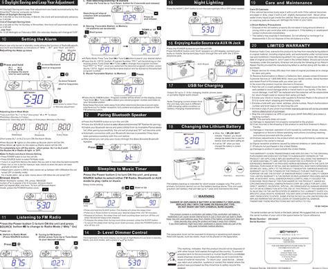 Emerson Radio ER1003 Alarm Clock Radio with Bluetooth, USB User Manual