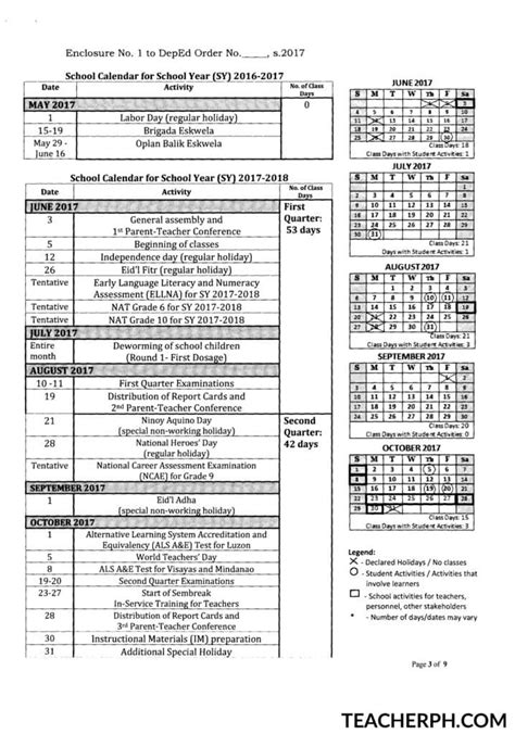 DepEd School Calendar for School Year 2017-2018 - TeacherPH