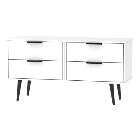 Hirato Ready Assembled 4 Drawer Low Sideboard White Black Wood Legs