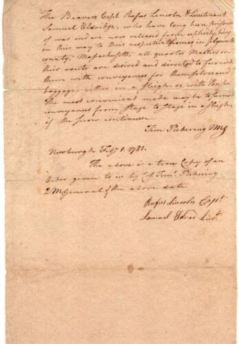 1781 Order from Timothy Pickering Sending Home POW Lexington & Concord Soldiers | eBay