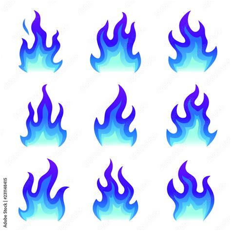 Set of blue fire icons, Flat fire flame vector illustration. Collection of blue flames or ...