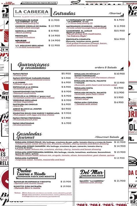 La Cabrera Menu with Prices 2023 | Santiago Chile - Best Restaurants and Bars