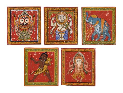 FIVE INDIAN FOLK PAINTINGS OF DEITIES, , COLOR ON FABRIC, 20TH CENTURY, | Christie's