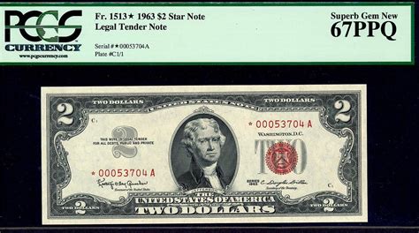 1963 $2 (TWO DOLLAR BILL) STAR NOTE RED SEAL PCGS 67 PPQ LOW ...