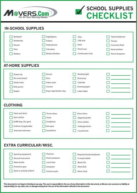 School Supplies Checklist - Movers.com