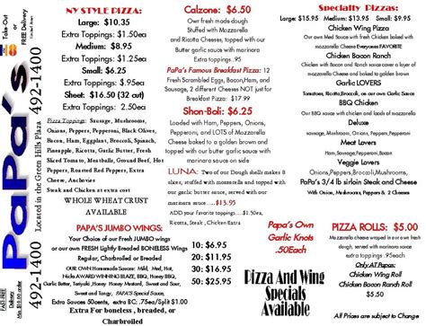 Papa's Pizzeria Menu, Menu for Papa's Pizzeria, Syracuse, Syracuse ...