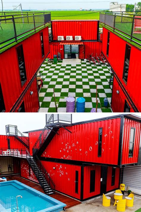 two pictures side by side of a red shipping container with a pool in the middle
