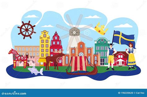 Stockholm Sweden Cartoon Travel Vector Illustration. Buildings, Landmarks and Symbols. Gamla ...