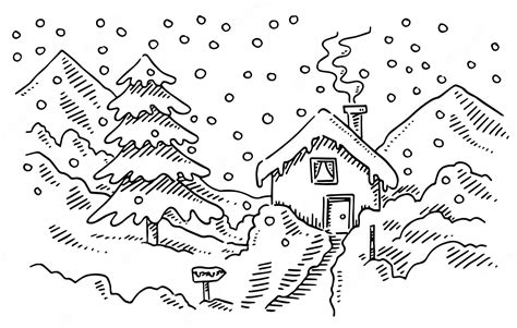 Premium Vector | A drawing of a house in winter with snow on the roof and trees