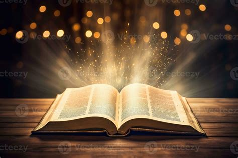 Open holy bible book with glowing lights in church 26781324 Stock Photo ...