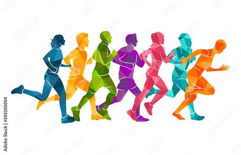 Running marathon, people run, colorful poster vector illustration man sketch hand drawing sport ...