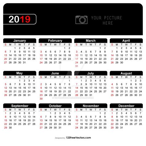 Printable Yearly Calendar 2019 Free Vectors by 123freevectors on DeviantArt