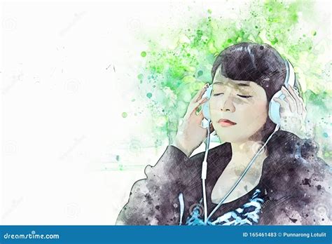 Beautiful Girl Listening Music on Watercolor Illustration Painting Background. Stock Image ...