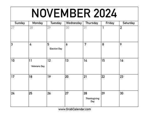 November 2024 Calendar With Holidays - 2025 Calendar Printable