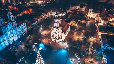 Wallpaper Lithuania, Kaunas, city night, lights, top view 1920x1200 HD ...