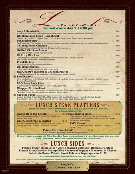 Saltgrass Steakhouse Restaurant Menu on the Riverwalk in Downtown San ...