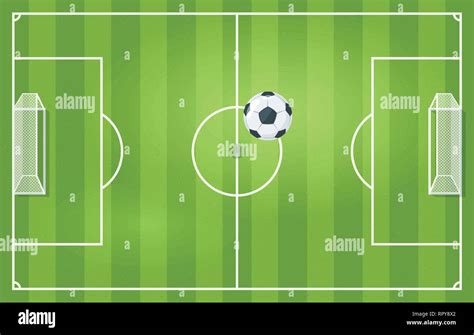 Soccer game field top view with leather football ball. Vector ...