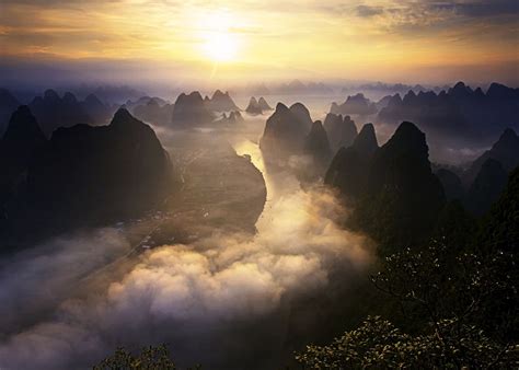 nature, Landscape, Sunrise, Mist, Mountains, River, Shrubs, Sky, Town, Road, Guilin, China ...