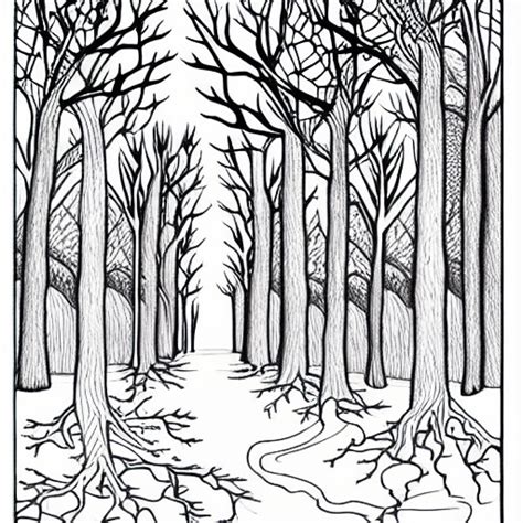 Spooky Winter Forest Line Drawing Colouring Book Page · Creative Fabrica