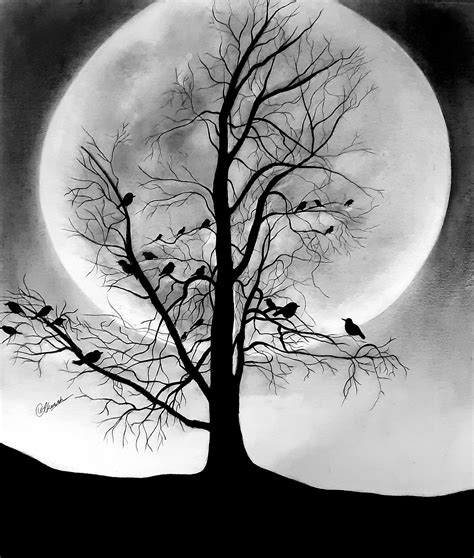 Dibujo a lápiz original Paisaje de árbol con luna Paisaje | Etsy