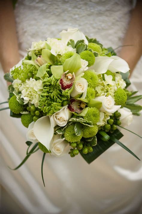 Bridal Bouquet - White and green flowers, cymbidium orchids, white roses, white call… | Rose ...