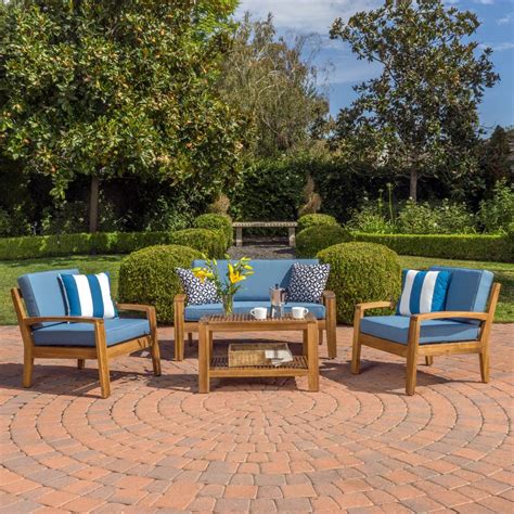 Noble House Grenada Teak 4-Piece Wood Patio Conversation Set with Blue Cushions-299114 - The ...