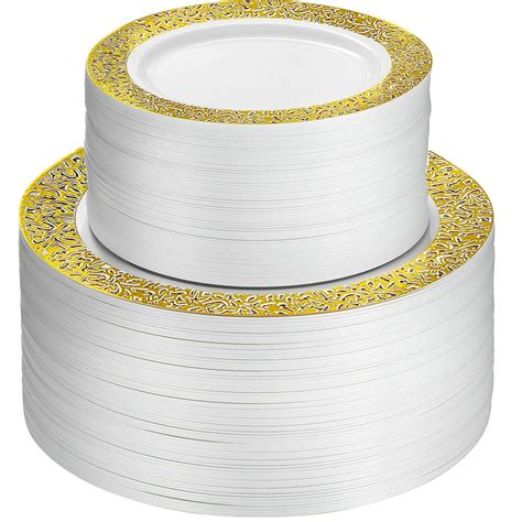 100 Piece Disposable Plastic Party Plates White with Gold Lace Design - 10.25in. Dinner Plates ...