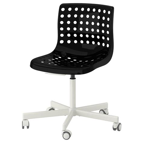a black and white office chair with wheels on an isolated white base, viewed from the front