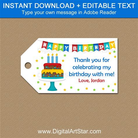 Printable Birthday Cake Theme Gift Tag Template | Digital Art Star