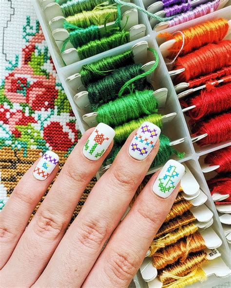 Nails Cross, White Nail Art, Mani Pedi, Press On Nails, Cute Nails, Cross Stitch Embroidery ...