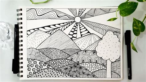 Easy Doodle/Zentangle landscape/scenery drawing for beginners ...