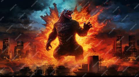 Premium Photo | Godzilla in front of city at night with fire