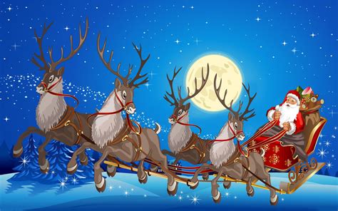 Santa Claus Sleigh With Reindeer Gifts Full Moon Desktop Wallpaper Hd ...