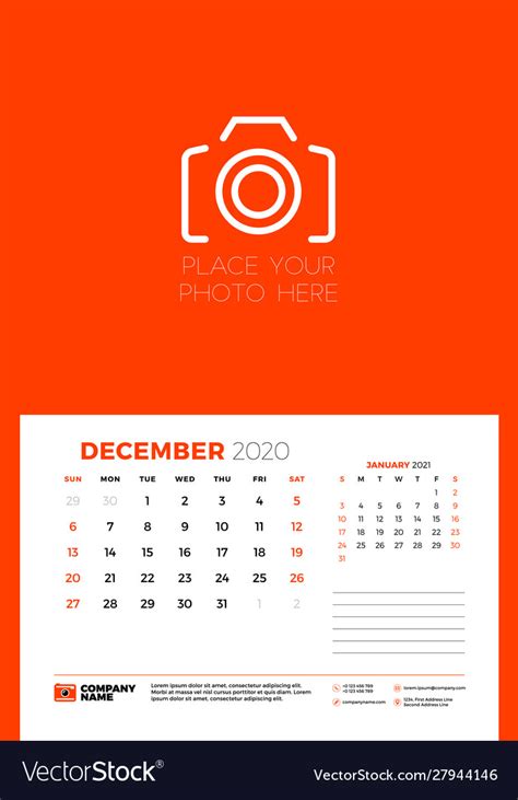 December 2020 wall calendar planner template week Vector Image