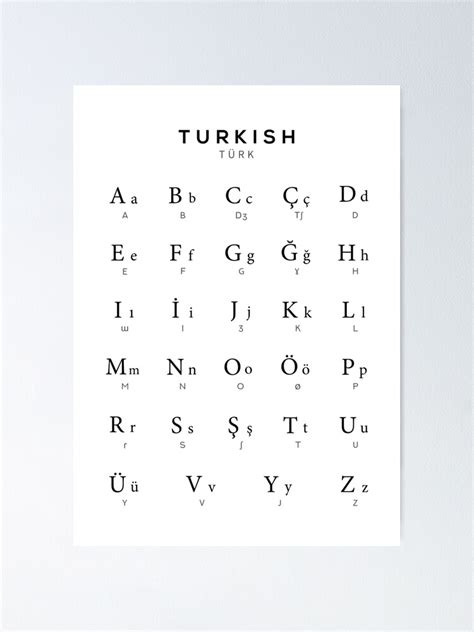 "Turkish Alphabet Chart, Turkey Language Chart, White" Poster by ...