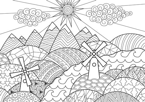 Lovely landscape with hills, mountains, and two cute mills | Doodle patterns, Coloring pages ...