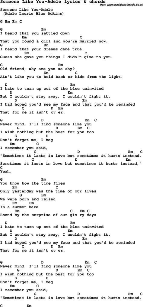 Love Song Lyrics for:Someone Like You-Adele with chords. | Guitar ...