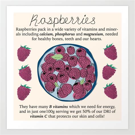 Raspberries Illustrated Nutrition Infographic Art Print by Grace Pawson ...