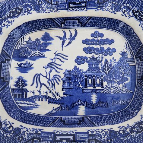 Antique Sataffordshire Willow Pattern Meat Plate. Blue and White Transfer-ware Platter. English ...