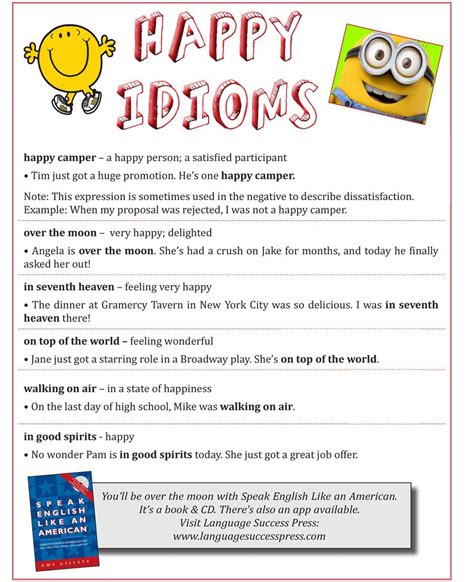 Happy idioms - here are some great ways to express happiness in English. #ESL English Idioms ...