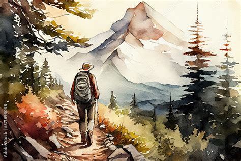 Hiking watercolor illustration, painting style travel concept art ...